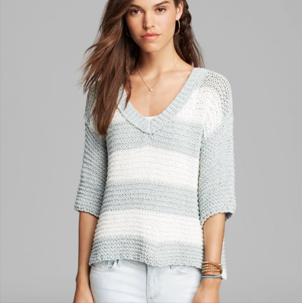 Free People Mint & White Striped Knit 3/4 Sleeves Sweater Sz M